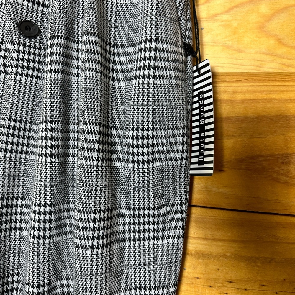 White and black plaid Pants with suspenders.